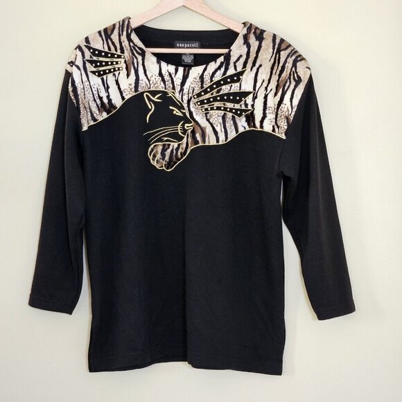Nonpareil Top Womens L Leopard Animal Design 3/4 Sleeves Pullover Vintage 1980s - Picture 1 of 13